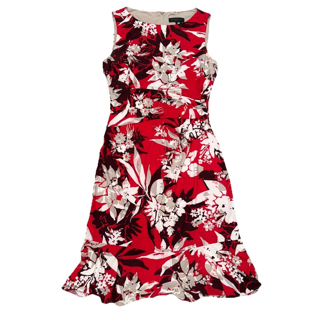 Donna Karan NY Floral Dress‎ Size 4 Asymmetrical Waist Ruffle Hem Body Con